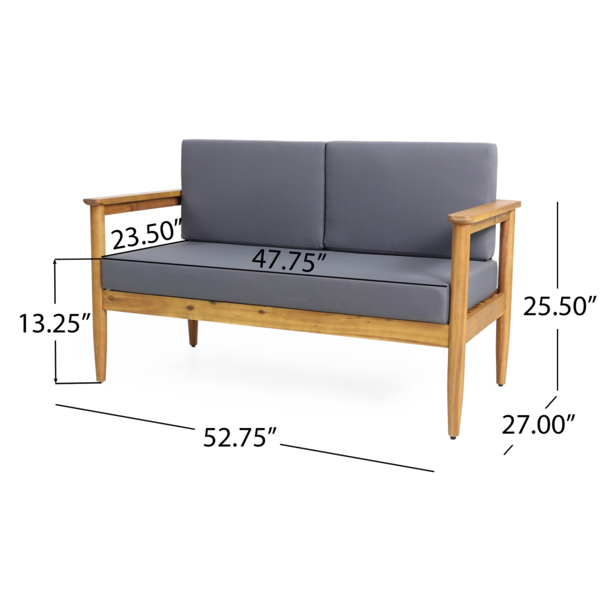 Streamdale Furniture Acacia Wood Loveseat With Water-Resistant Cushions And Slat Design