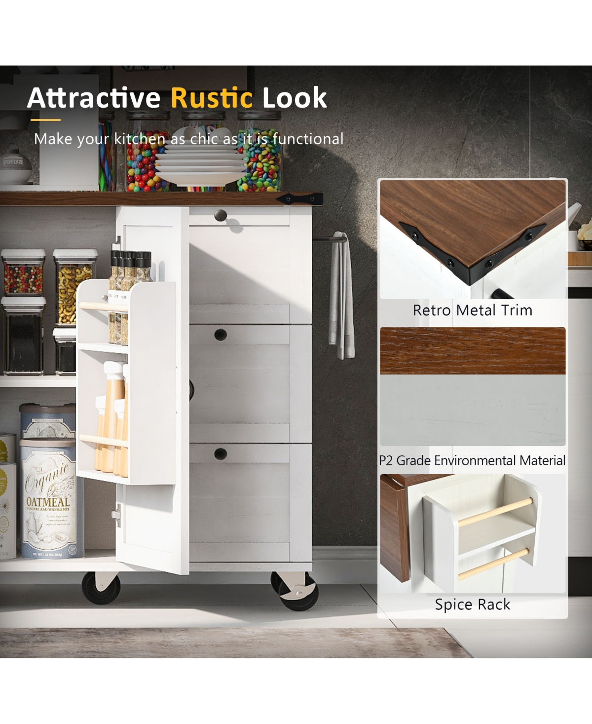 Streamdale Furniture Black Farmhouse Kitchen Island with Storage, Drop Leaf, Power Outlet, Wheels