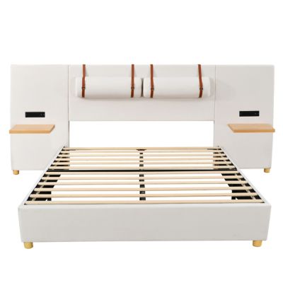 Streamdale Queen Bed with Outlets, Pillows, Shelves, Velvet