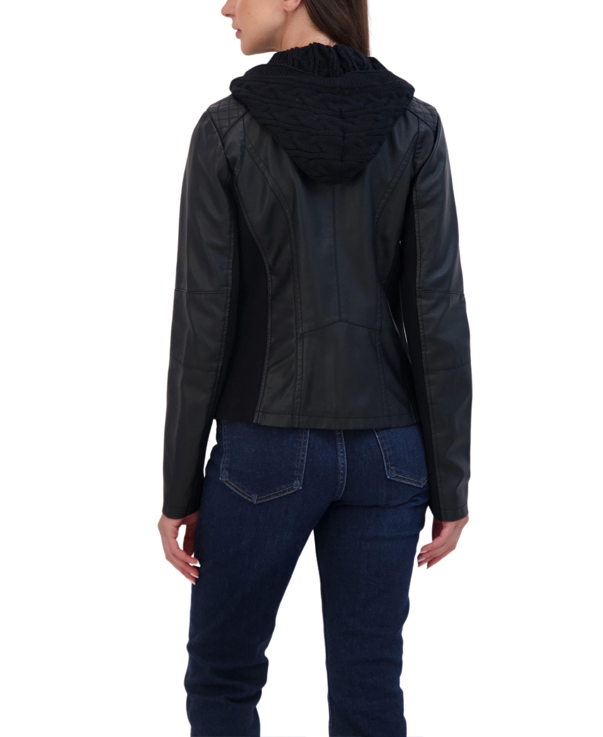 Sebby Collection Women's Garment Dyed Faux Leather Zip Front Jacket With Detachable Sweater Knit Hood