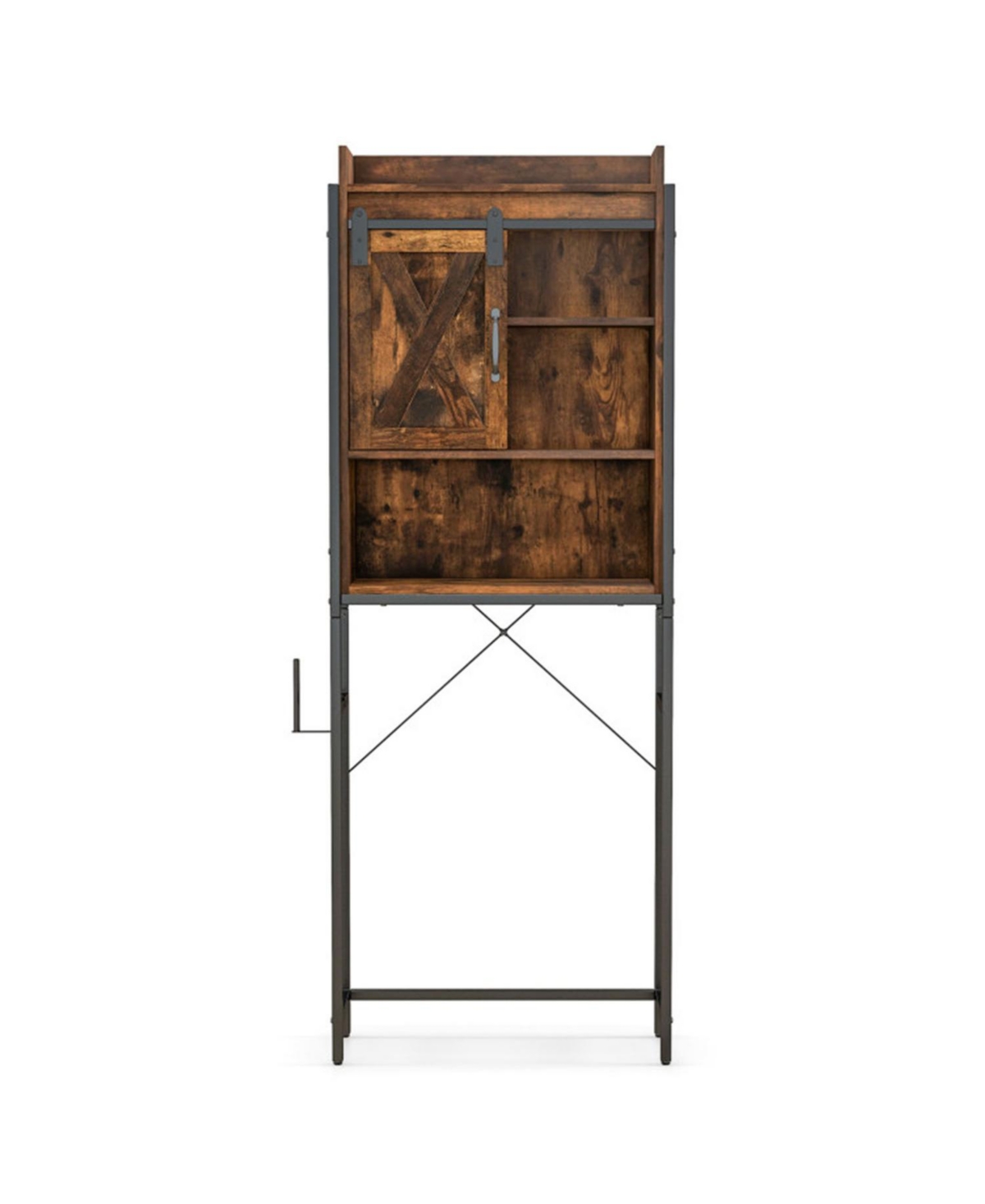 4-Tier Multifunctional Toilet Storage Cabinet with Adjustable Shelf and Sliding Barn Door - Brown