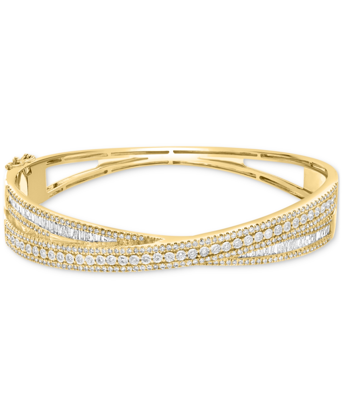 Effy Collection Effy Diamond Round & Baguette Crossover Bangle Bracelet (2-1/6 Ct. T.w.) In 14k Yellow Gold In Ylw,wht Go