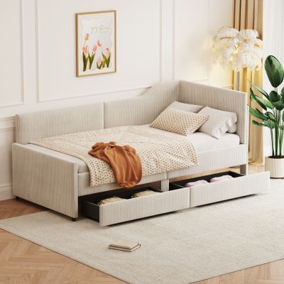 Streamdale Twin Size L-Shaped Corduroy Daybed with Drawers
