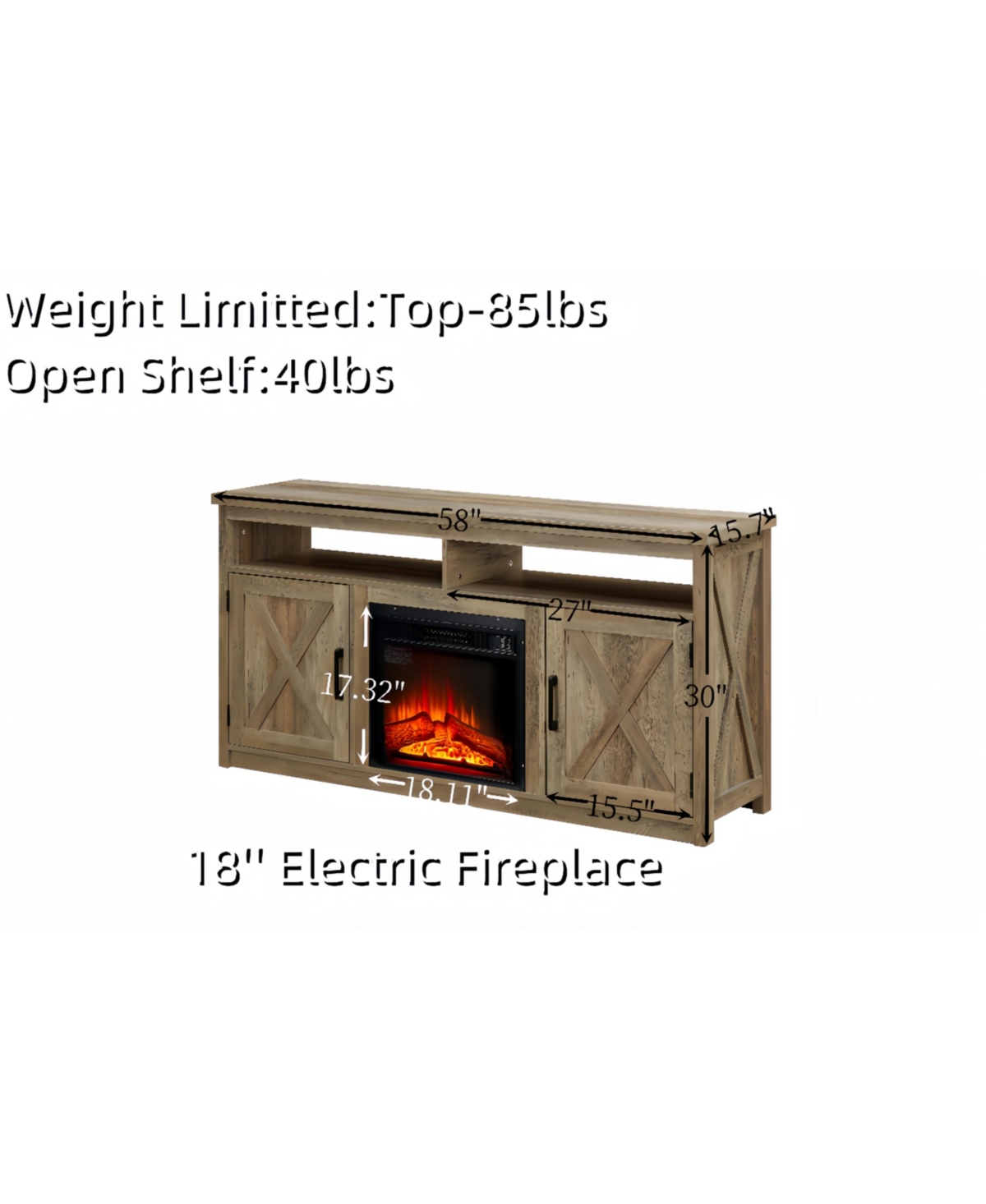 Simplie Fun Farmhouse Tv Stand with 18" Fireplace Insert for TVs up to 65