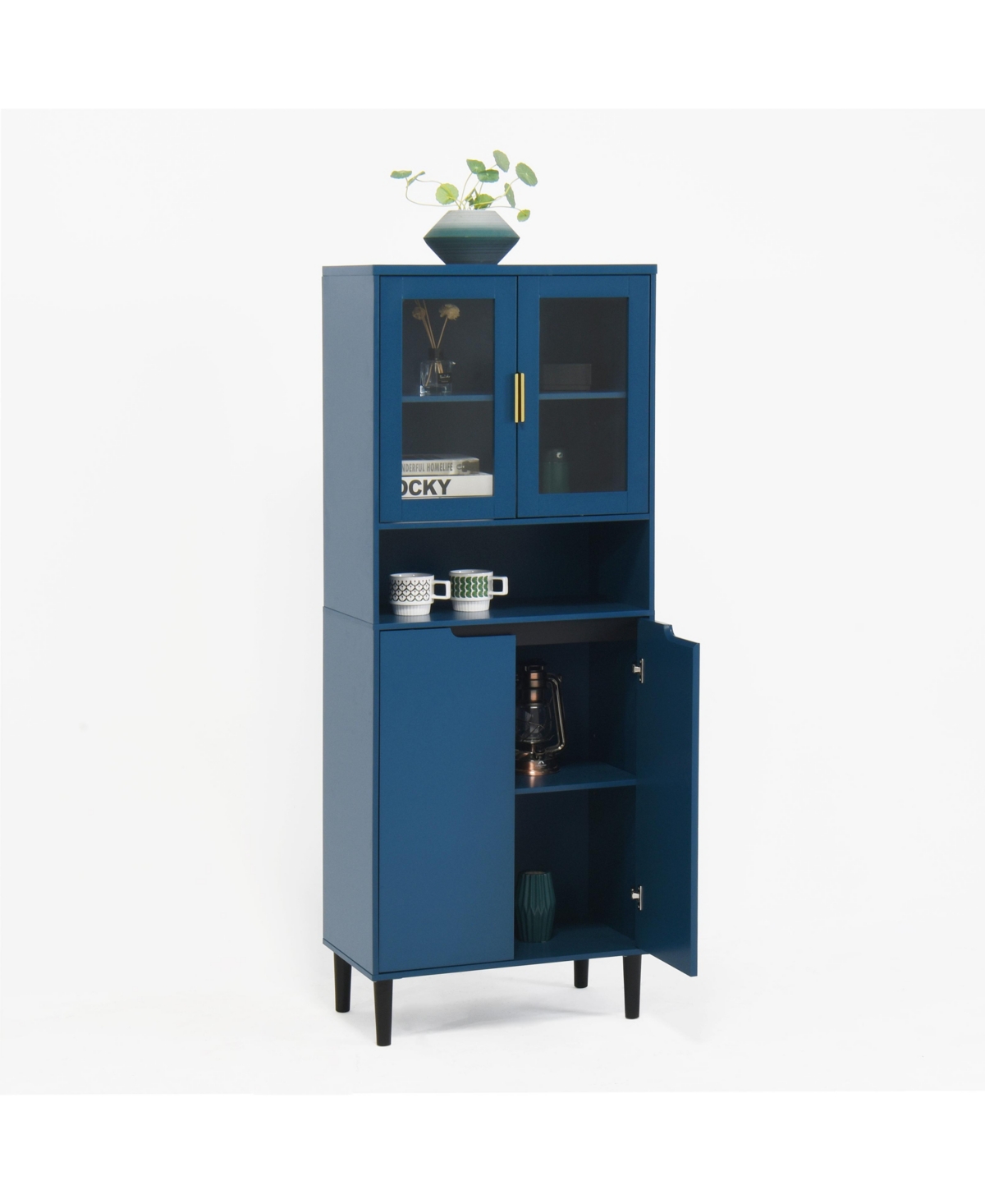Streamdale Furniture Tall Storage Cabinet with Glass Display & Doors, Modern Blue Cabinet