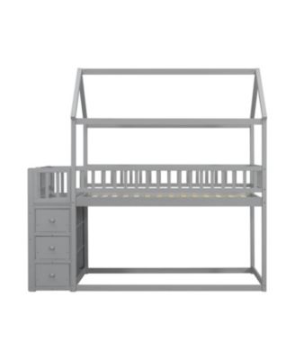 Simplie Fun Twin House Bunk Bed with Storage and Play Area in Gray