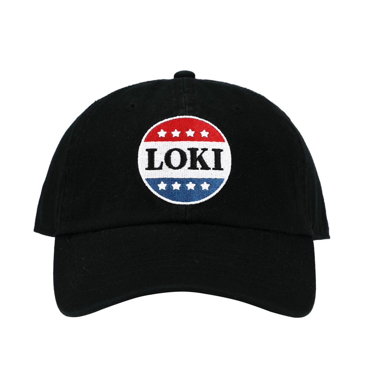 Men's Loki Red White and Blue Button Embroidered Black Cotton Twill Hat - Black