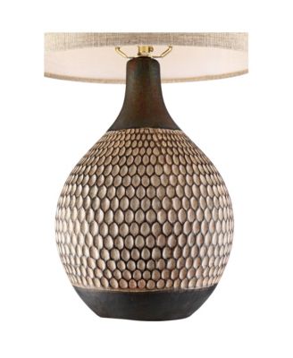 Emma Modern Mid Century Accent Table Lamp 21" High Wood Brown Ceramic with Table Top Dimmer Oatmeal Drum Shade for Bedroom Living Room