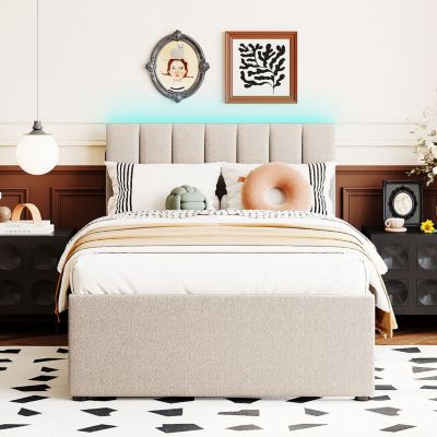 Streamdale Teddy Fleece Twin Platform Bed with Trundle, LED Lights, Beige