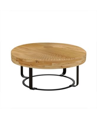 Modern Round Coffee Table with Carved Pine Top and Metal Legs
