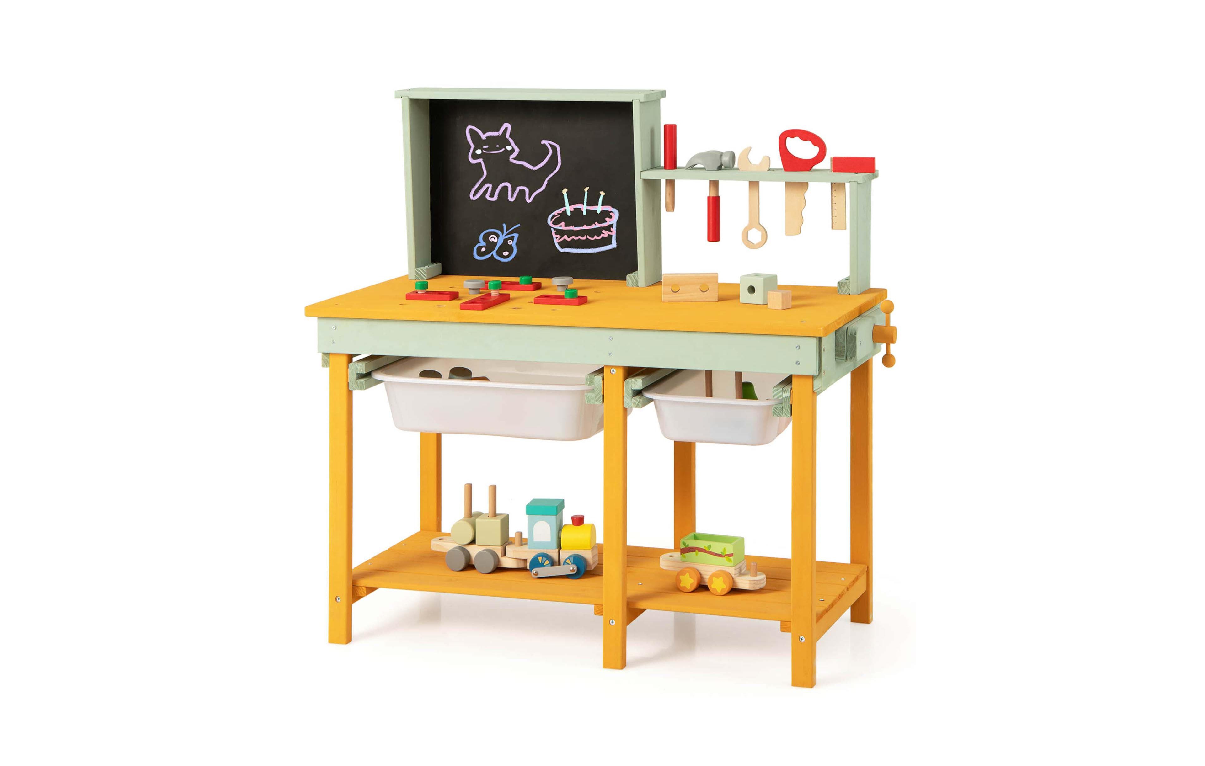 Kids Wooden Toy Workbench with Storage Space & Blackboard Tool Accessories for Boys