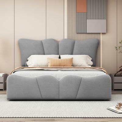 Streamdale Beige Velvet Upholstered Platform Bed