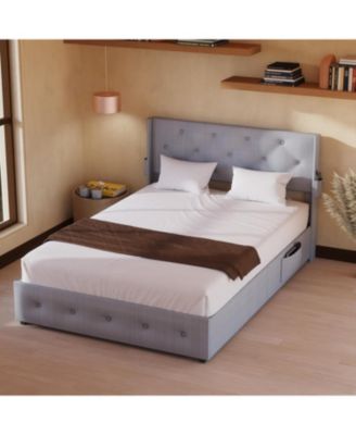 Full-Size Bed Frame with Storage, USB Ports, Modern Wingback Headboard