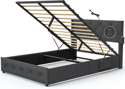 Bed Frame with Storage, USB Ports, Modern Wingback Headboard