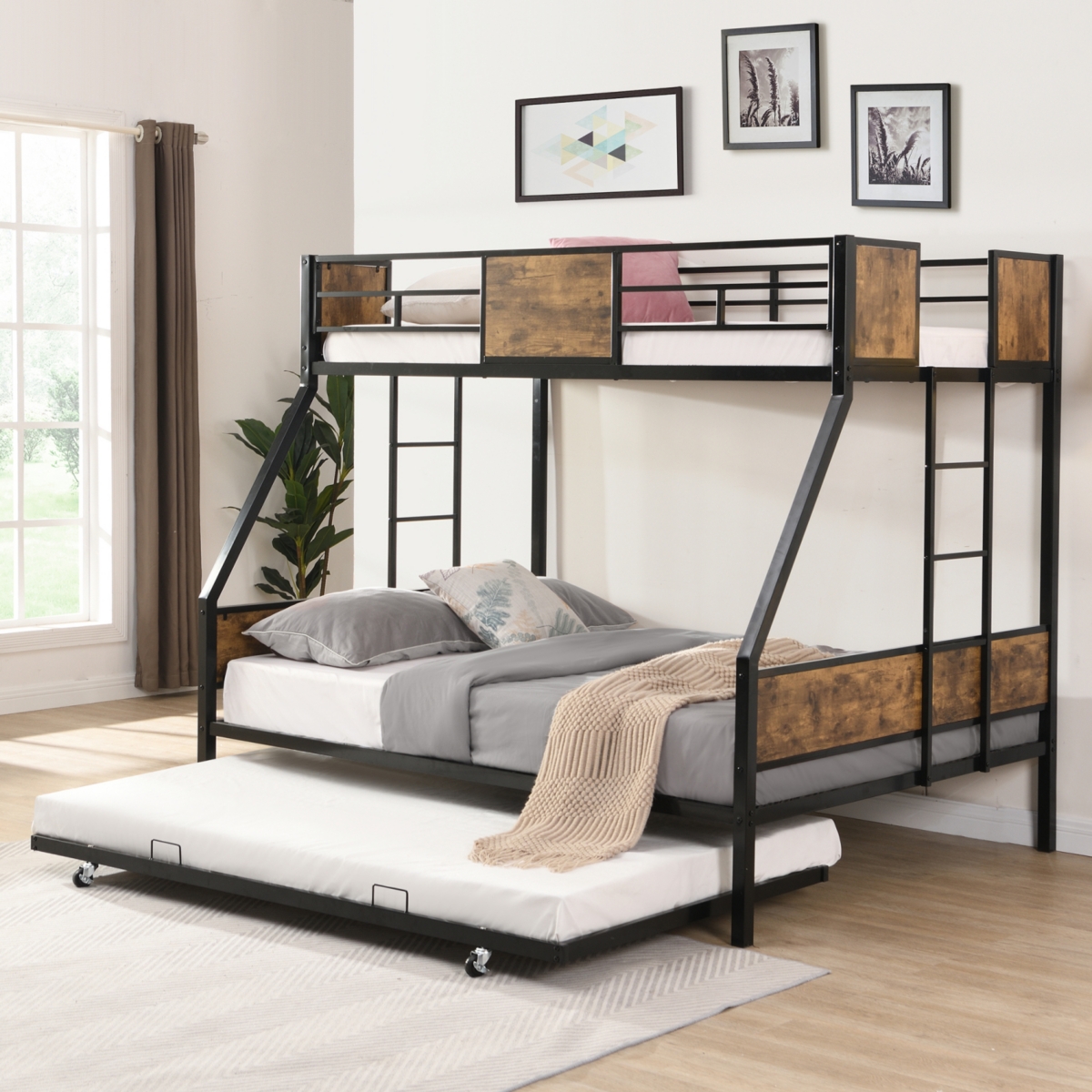 Simplie Fun Twin Over Full Bunk Bed with Trundle, Guardrails, Storage