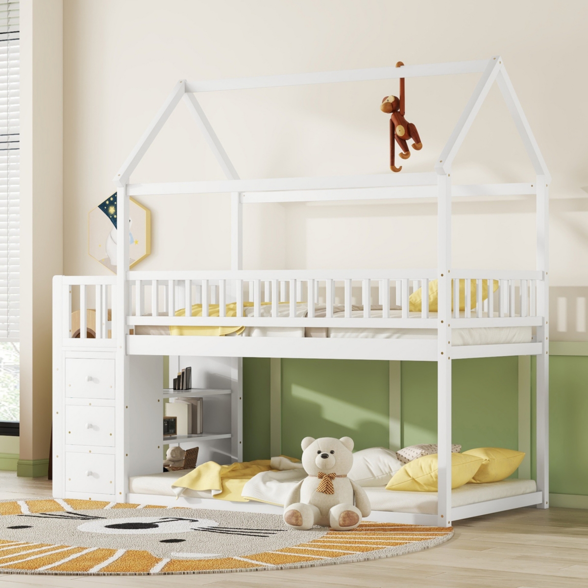 Simplie Fun Twin House Bunk Bed with Shelves, Drawers, and Playful Roof Design