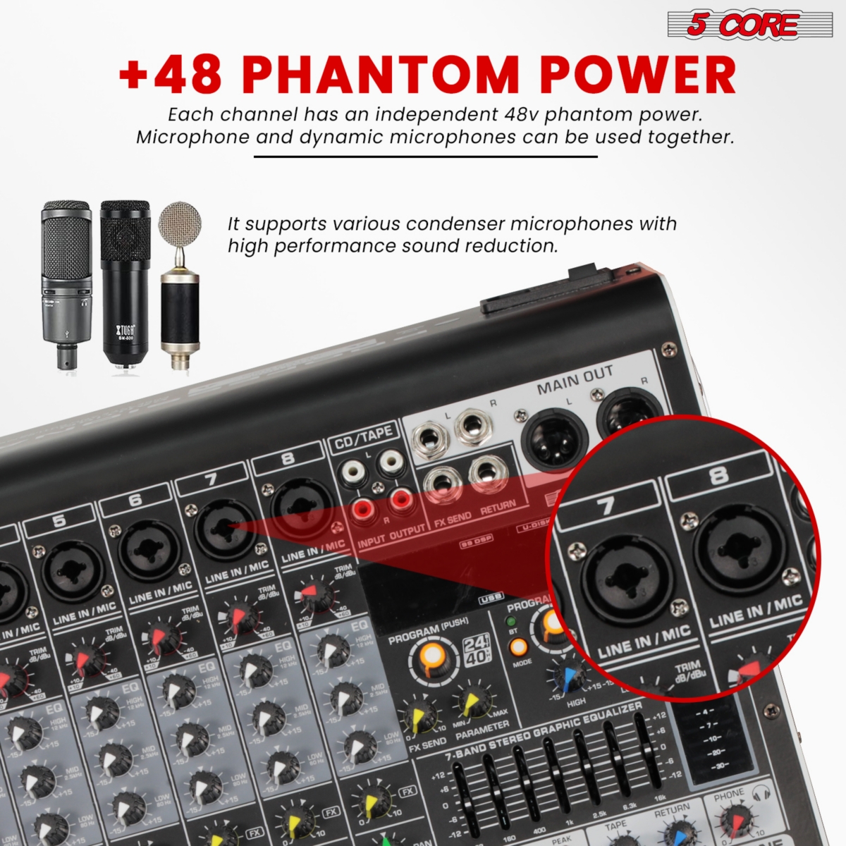 5 Core Audio Mixer 8 Channel Dj Controller Professional Sound Board Bluetooth Usb 48V Mx 8CH L