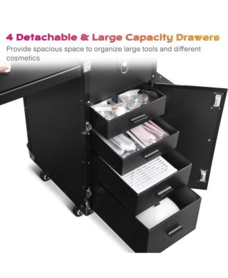 Rolling Makeup Train Case Patented Design Pedicure Nail Salon Nail Foldable Trolley Cosmetic Organizer Black with Stool