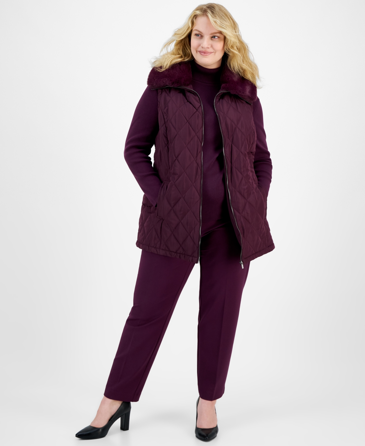 Anne Klein Plus Size Faux-Fur-Collar Quilted Belted Vest