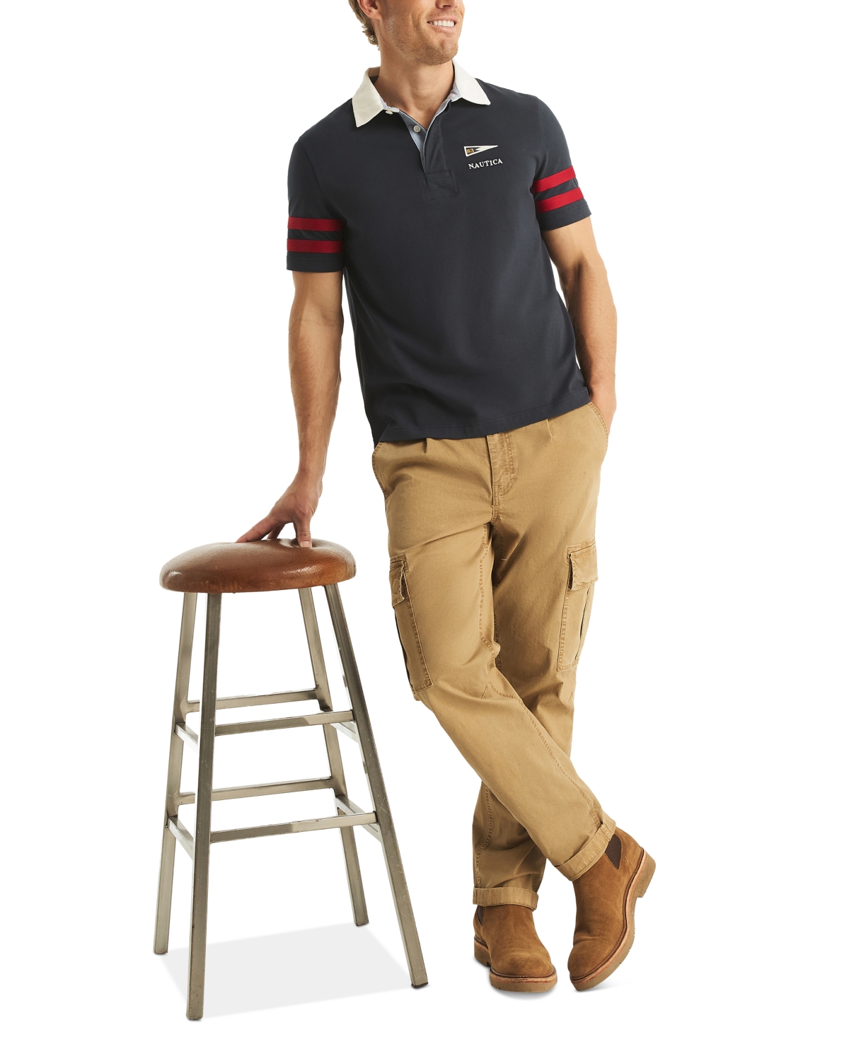 Nautica Men's Short Sleeve Striped-Trim Rugby Polo Shirt