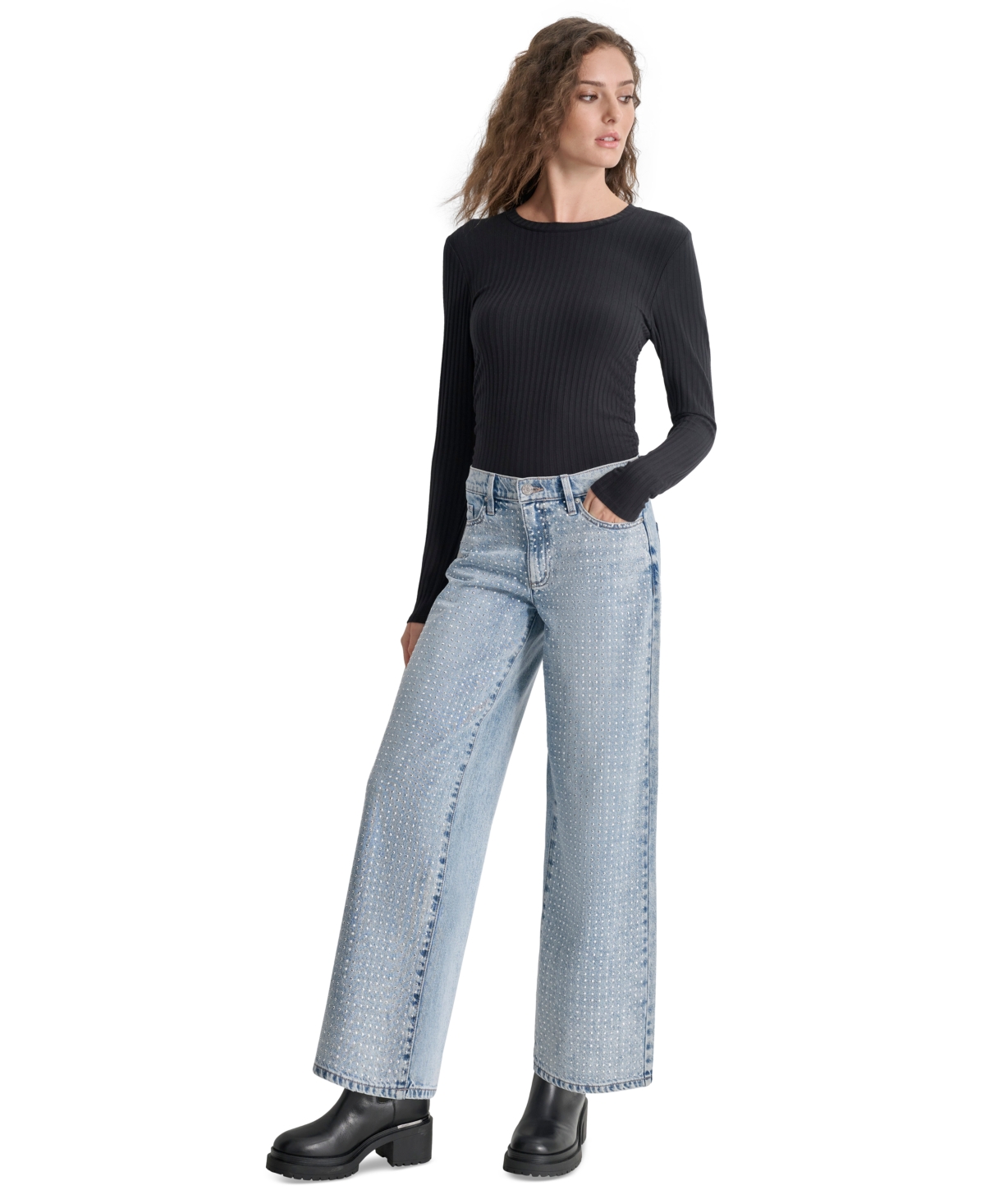 Dkny Jeans Petite Cotton Studded High-Rise Wide-Leg Jeans