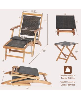 2 Pieces Patio Rattan Folding Lounge Chair with Acacia Wood Table