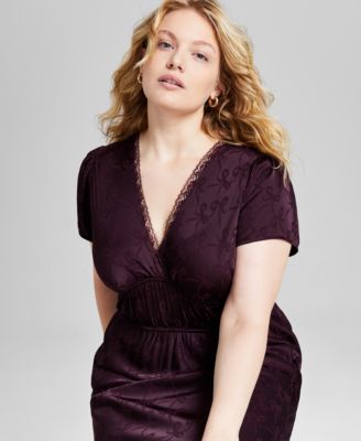 And Now This Trendy Plus Size Lace-Trim Satin Bow Print Dress, Created for Macy's