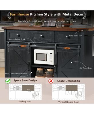 Black Wood Grain Farmhouse Kitchen Island with Sliding Doors