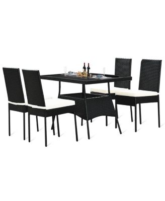 5 Pieces Rattan Dining Set with Glass Table and High Back Chair