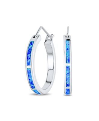 Created Pink Opal Inlay Flat Tube Large Hoop Earrings For Women Rose Gold Plated .925 Sterling Silver October Birthstone