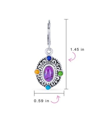 Western Style Multicolor Purple Natural Turquoise Oval Framed Dangle Lever Back Earrings Oxidized Sterling Silver