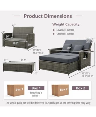 Patio Wicker Loveseat Sofa with Multipurpose Ottoman and Retractable Side Tray