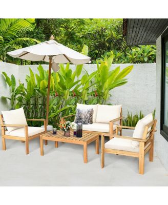 Outdoor 4 Pieces Acacia Wood Chat Set with Water Resistant Cushions