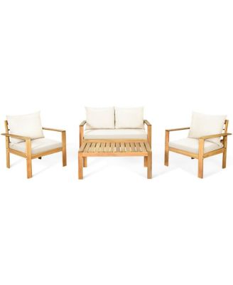 Outdoor 4 Pieces Acacia Wood Chat Set with Water Resistant Cushions