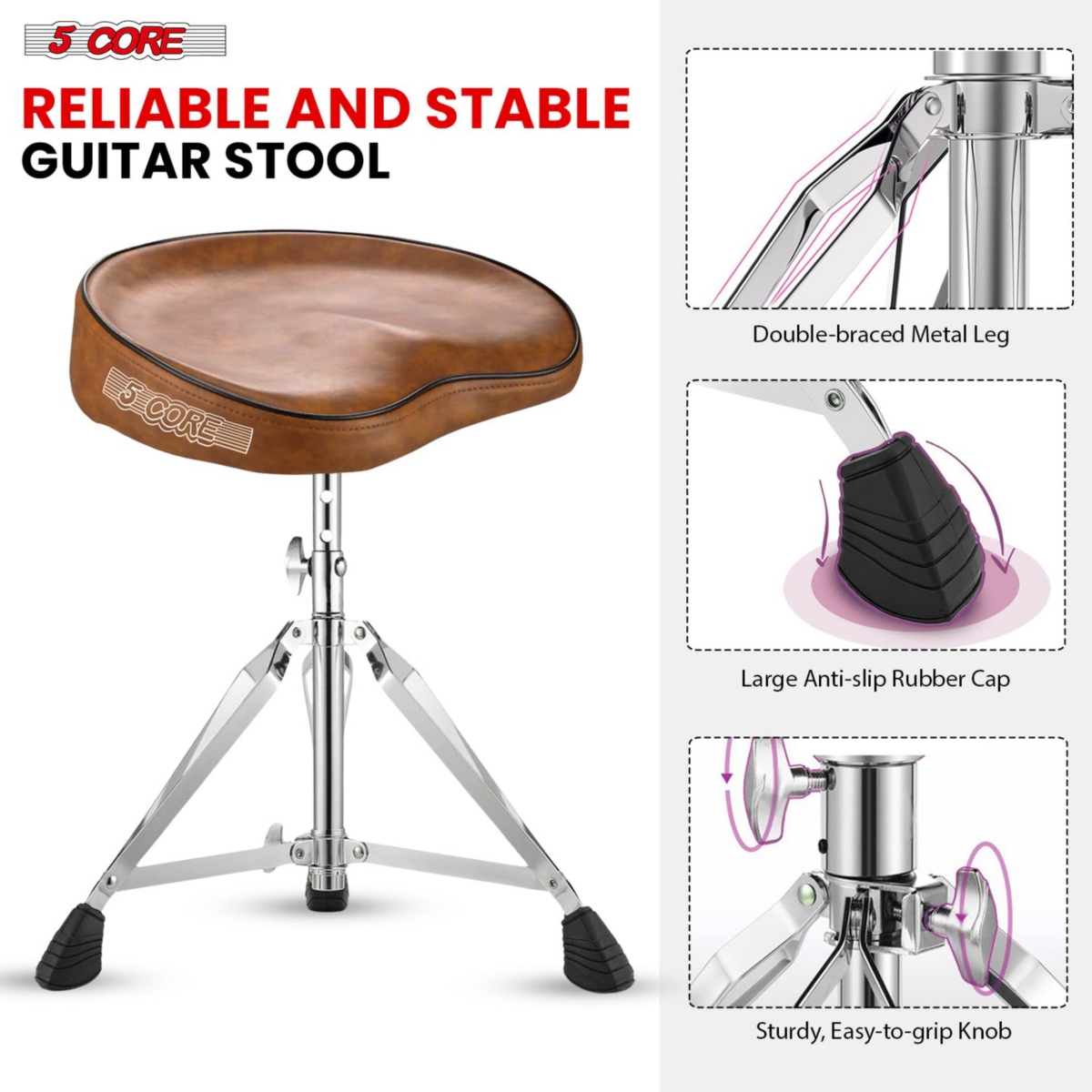 5 Core Drum Throne Padded Guitar Stool Height Adjustable Ergonomic Music Chair For Adults And Kids w Anti Slip Rubber Feet - Ds Ch Br Sdl