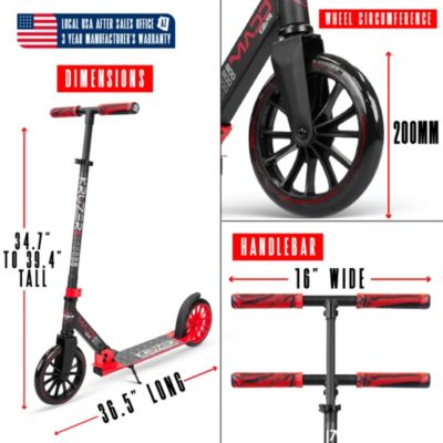 Folding Kick Scooter for Adults and Teens – Lightweight Durable Frame – Adjustable Handlebar – Big 200mm Wheels – 220lbs Capacity – Scoot 200 - Red