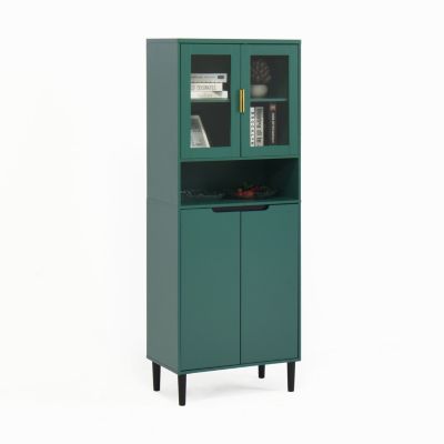 Tall Storage Cabinet with Glass Display & Gold Handles