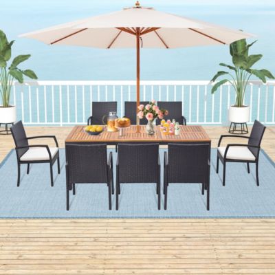 9 PCS Patio Rattan Dining Set with Acacia Wood Table, Cushions, 1.9" Umbrella Hole