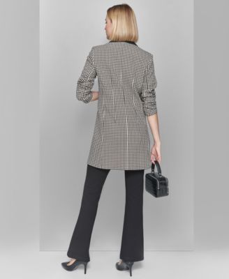 Karl Lagerfeld Womens Pull On Ponte Knit Pants Embellished Sleeveless Top Checkered One Button Blazer In Black