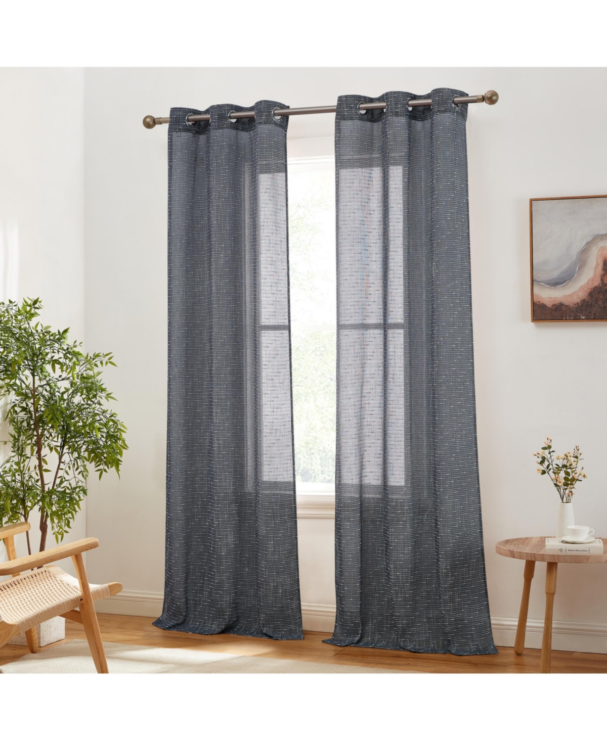 Emily Faux Linen Semi Sheer Light Filtering Transparent Grommet Lightweight Window Curtains Drapery Panels, 2 Panels - Navy blue