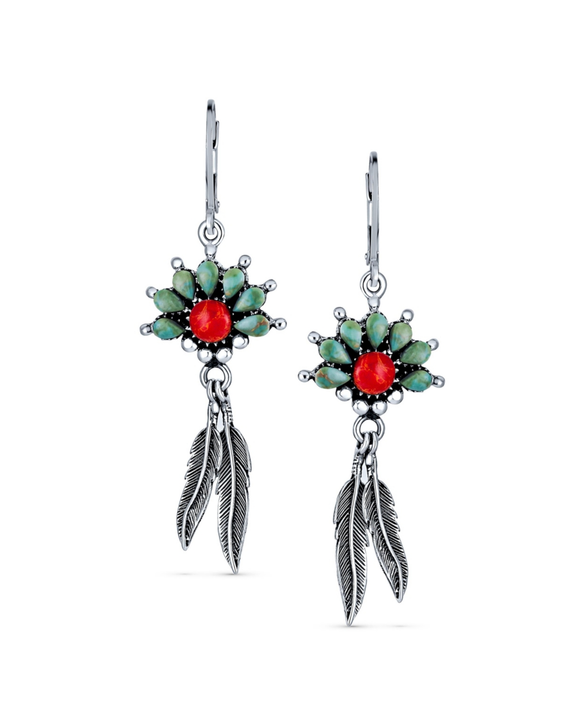 Bling Jewelry South West Native American Style Squash Blossom Natural Turquoise Coral Feather Lever Back Dangle Earrings For Women Sterling Silver - M