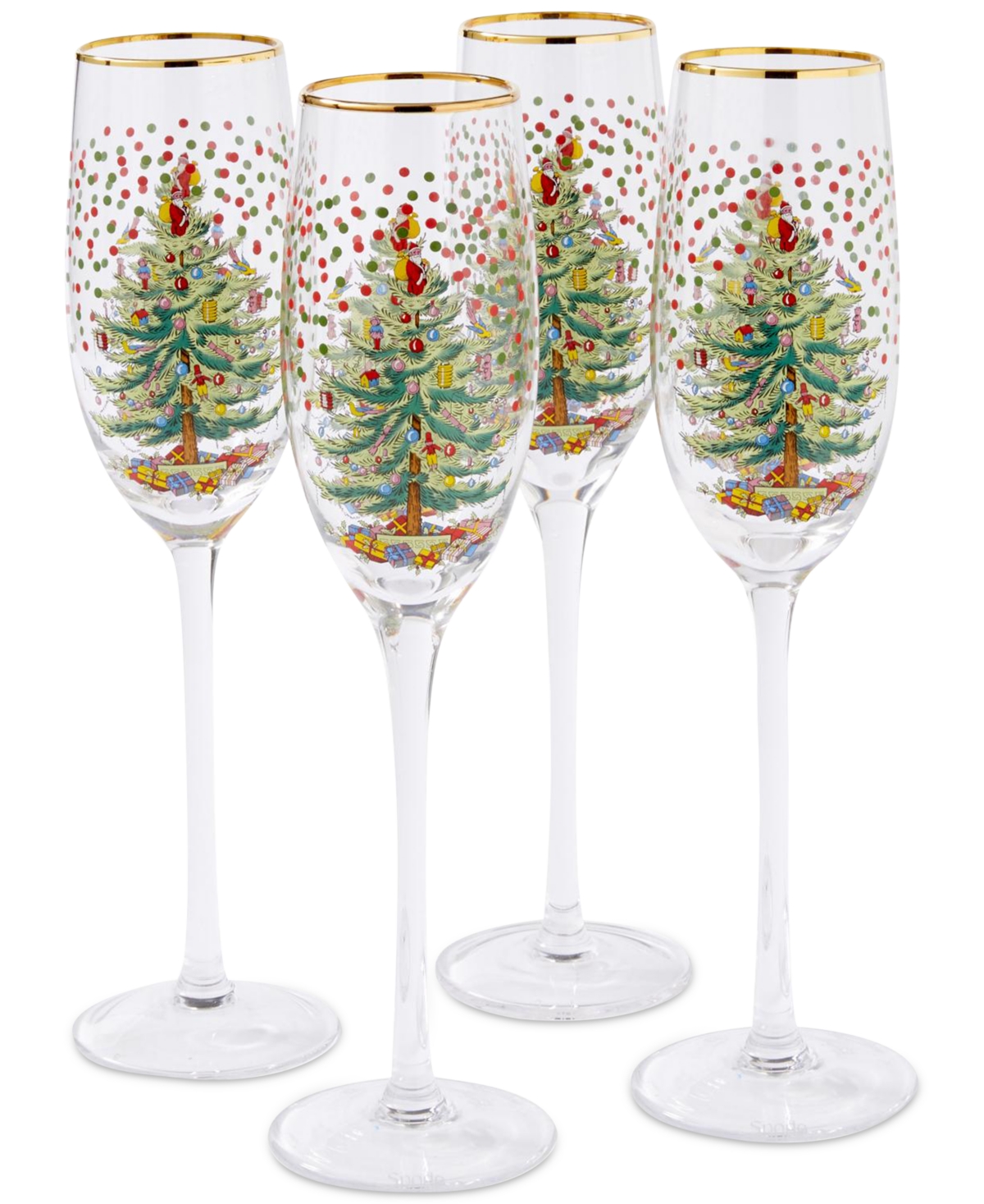 Spode Christmas Tree Polka Dot Champagne Flutes, Set Of 4 In Green