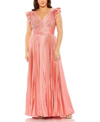 Plus Size Flutter Sleeve Pleated V-Neck Gown