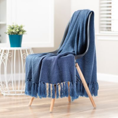 Mini Maze Acrylic Throw Blanket with Tassels Soft, Lightweight & Cozy Woven Design for Bed, Sofa, or Couch in Royal Blue (50x65").