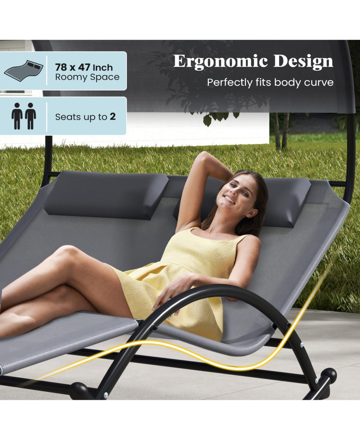Slickblue Outdoor Dual Rocker Sunbed 2-Person Canopied Patio Lounger with Detachable Headrests-Grey