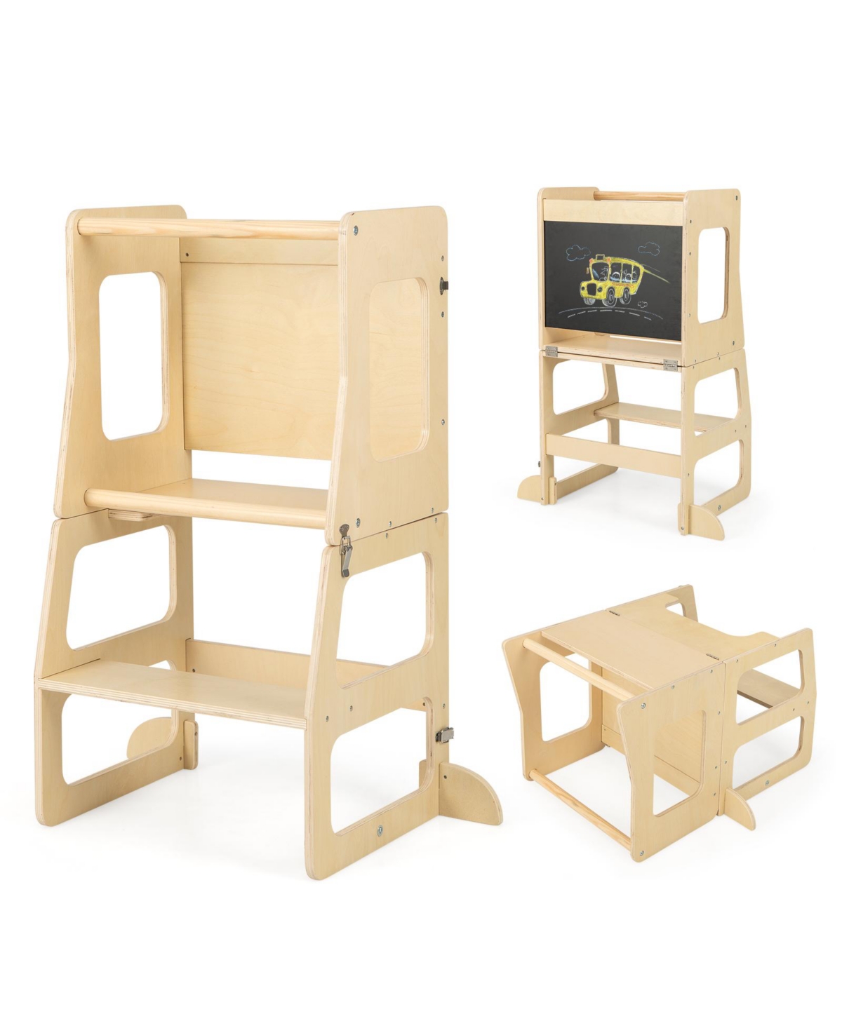 Slickblue 3-in-1 Foldable Kitchen Standing Tower for Toddlers with Chalkboard-Natural