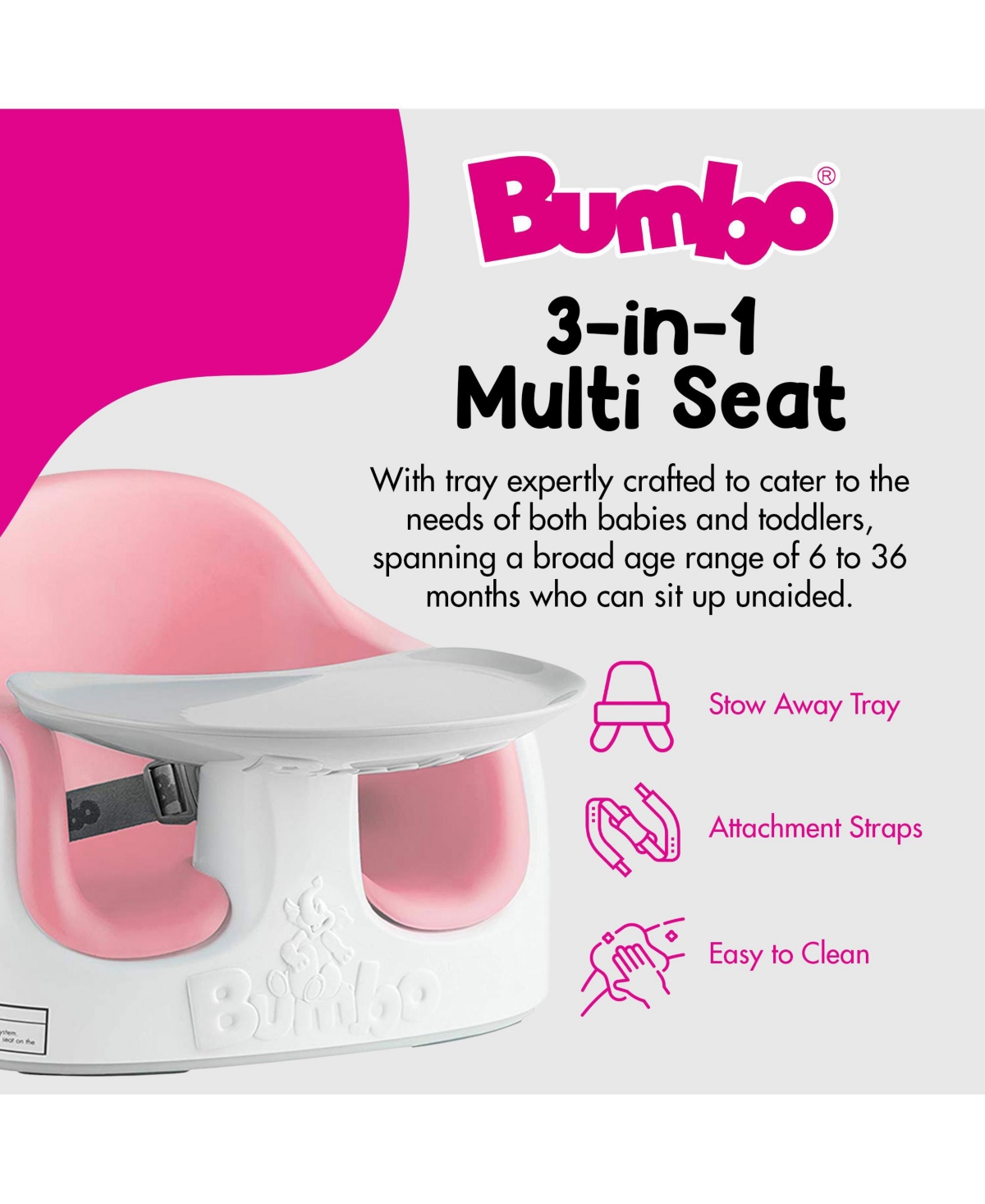Bumbo Baby Toddler Adjustable 3-in-1 Booster Seat/High Chair & Tray,- Cradle pink