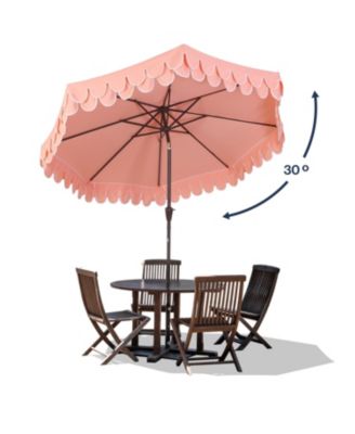 Tracy 9 ft. Classic MidCentury Scalloped Fringe Market Patio Umbrella with Auto-Tilt Crank, Wind Vent and UV Protection in Coral
