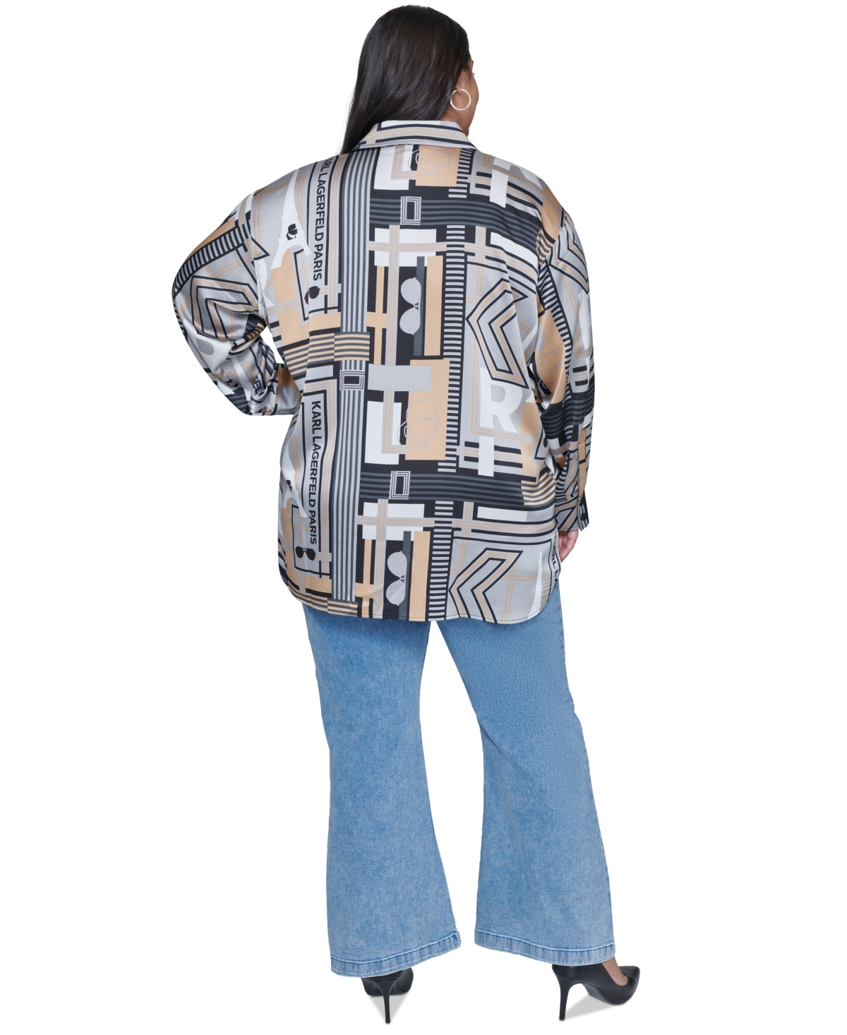 Karl Lagerfeld Paris Plus Size Printed Button-Front Long-Sleeve Blouse, Created for Macy's
