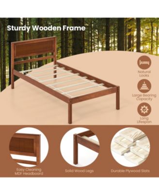 Twin Size Bed Frame with Wooden Headboard and Slat Support